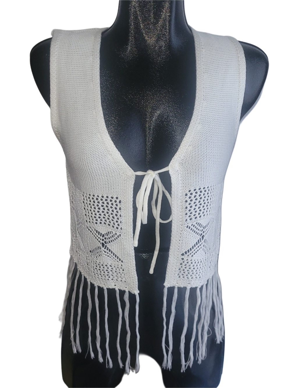 Eclipse Women's White Knit Tie-Front Fringed Hemline Vest Size S